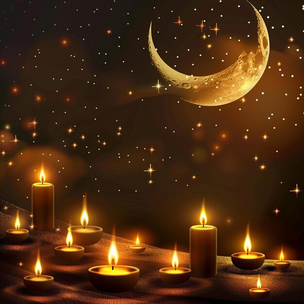 realistischer Eid Mubarak-Hintergrund mit Kerzen und Mond