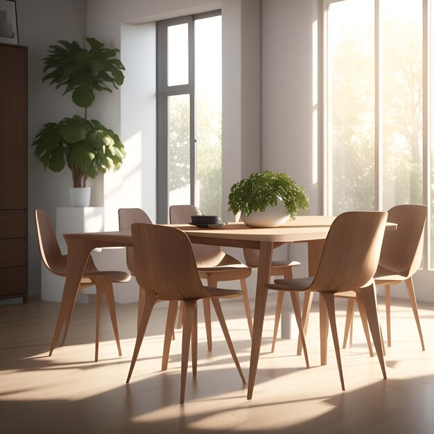 Realistischer Esstisch mit Stühlen und einer lebendigen Topfpflanze