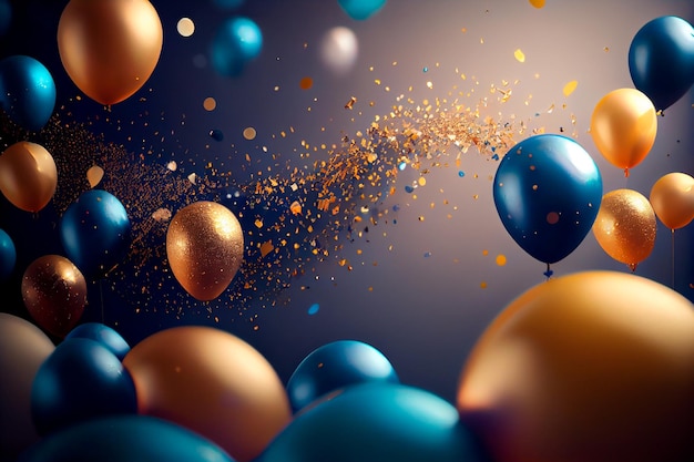 Realistischer festlicher Hintergrund mit goldenen und blauen Luftballons, die Konfetti fallen, verschwommener Hintergrund und Bokeh-Lichter Generative ai