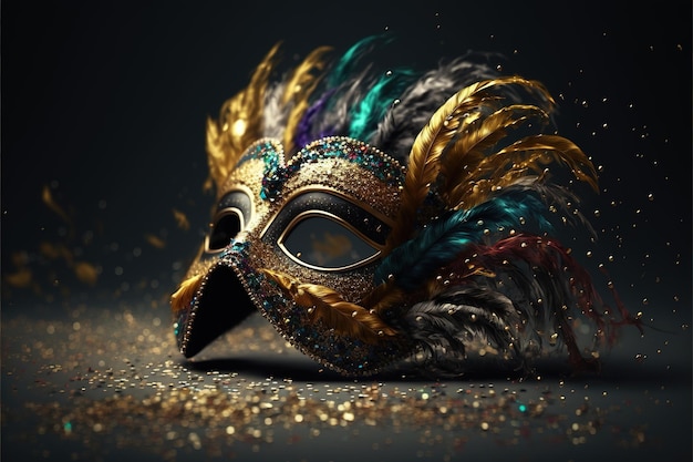 Foto realistischer festlicher hintergrund mit kunstvollen maskerade-karnevalsmaskenfedern, pailletten und konfetti ai erzeugt