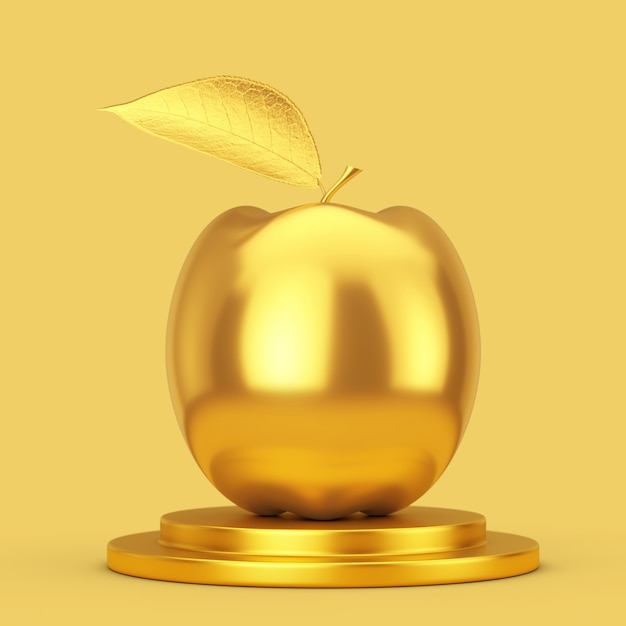 Realistischer goldener Apfel auf einem goldenen Sockel auf gelbem Grund. 3D-Rendering