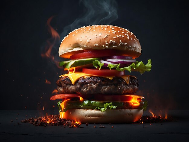 Realistischer großer Hamburger, dunkler Hintergrund, Feuer und rauchige Vibes, scharf