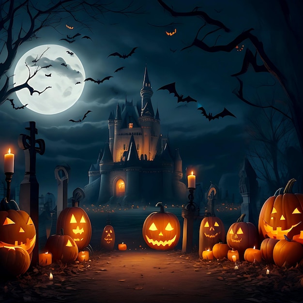 Realistischer Halloween-Hintergrund mit einem beängstigenden Haus und Kürbissen-Illustration von Leonardo Ai