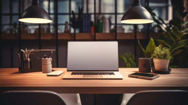 Foto realistischer home-office-arbeitsplatz mit leerem laptop-modell, zubehör für kreativen schreibtisch
