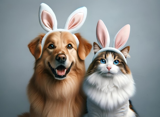 Realistischer Hund und Katze mit Kaninchenohren für Ostern