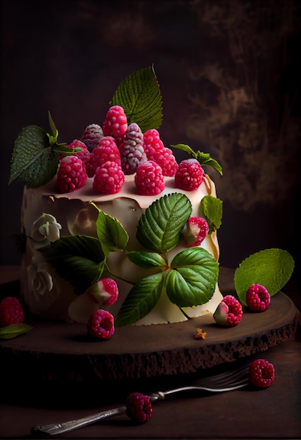 Realistischer Kuchen mit Himbeeren dekoriert