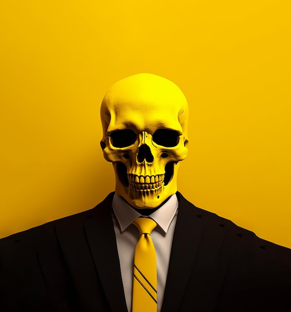 Realistischer menschlicher Schädel in einem schwarzen Business-Anzug auf einer leuchtend gelben Hintergrundillustration