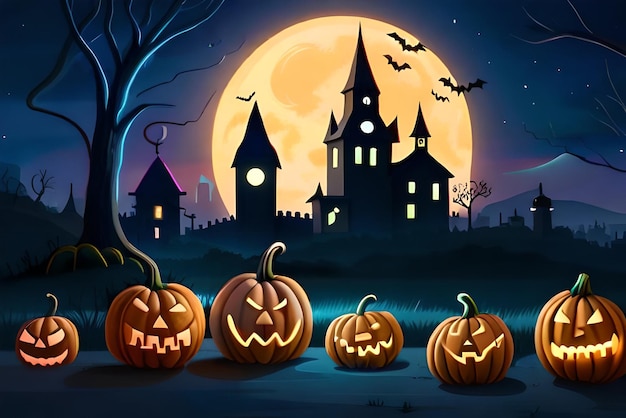 Realistischer Nacht-Halloween-Party-Kürbis-Licht- und Horror-Moment-Hintergrund und Tapete