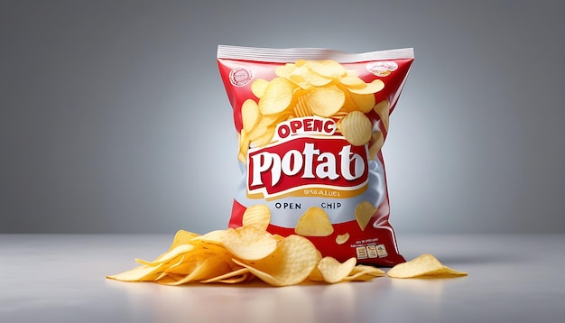 realistischer offener Plastikbeutel mit Kartoffelchips mit grauem Hintergrund