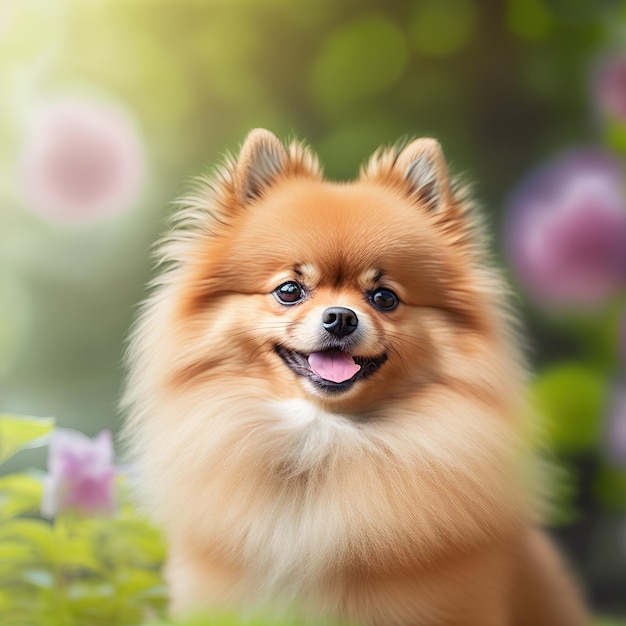 Realistischer pommerscher Hund auf hinreißendem natürlichem Hintergrund im Freien