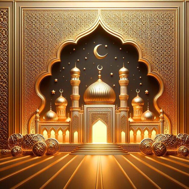 Realistischer Ramadan-Hintergrund mit Moschee, Mond, Sternen, Laterne und Bokeh Generative KI