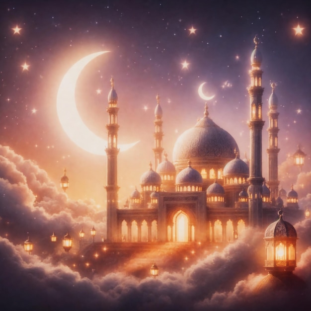 Realistischer Ramadan-Hintergrund mit Moschee, Mond, Sternen, Laterne und Bokeh