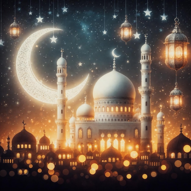 Realistischer Ramadan-Hintergrund mit Moschee, Mond, Sternen, Laterne und Bokeh