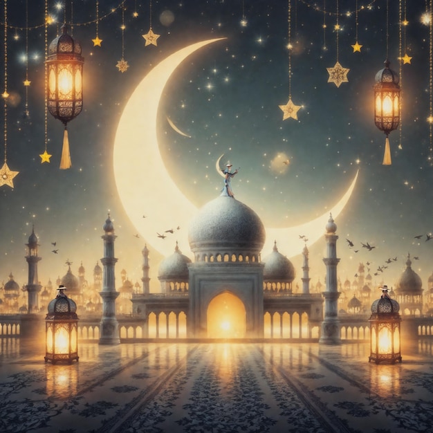 Realistischer Ramadan-Hintergrund mit Moschee, Mond, Sternen, Laterne und Bokeh