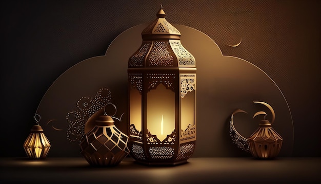 Realistischer Ramadan Kareem Eid Mubarak Hintergrund mit Halbmond und Moschee Generative KI