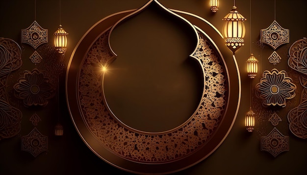 Realistischer Ramadan Kareem Eid Mubarak Hintergrund mit Halbmond und Moschee Generative KI