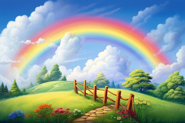 realistischer Regenbogen auf einem Hügel mit einem Zaun und Wolken im Stil minimalistischer Hintergründe