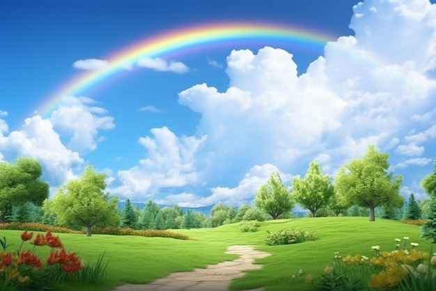 realistischer Regenbogen auf einem Hügel mit einem Zaun und Wolken im Stil minimalistischer Hintergründe