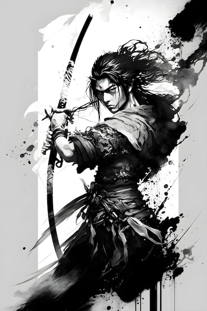 realistischer samurai-illustrierter hintergrund, schwarz-weiß-samurai-illustration