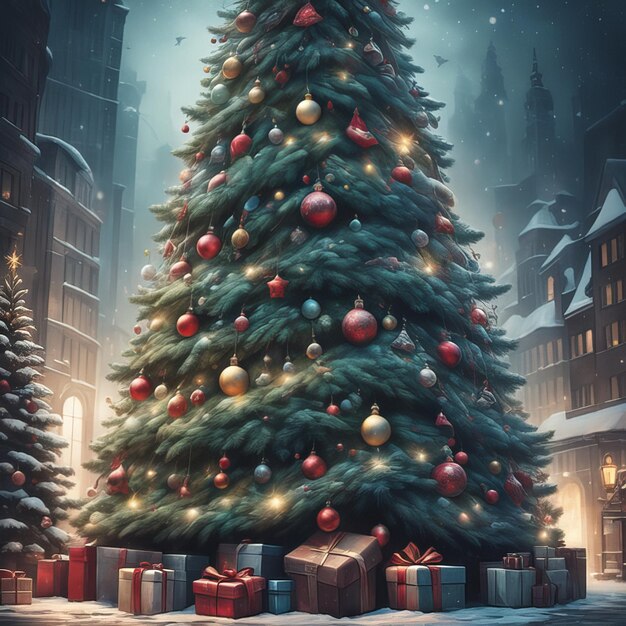 Realistischer Weihnachtsbaum mit Dekorationen