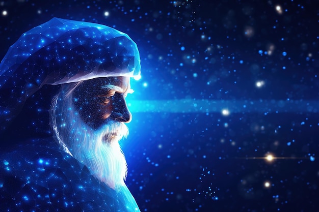 Realistischer Weihnachtsmann mit blauen neuronalen Verbindungspunkten, Linien und leuchtenden Punkten Generative Ai