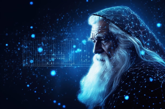 Realistischer Weihnachtsmann mit blauen neuronalen Verbindungspunkten, Linien und leuchtenden Punkten Generative Ai