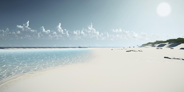 Realistischer weißer Strand mit ruhiger See und hoher heller Sonne