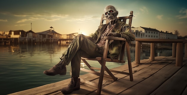 realistischer Zombie, der auf einem Liegestuhl auf einem Pier sitzt. HD-Hintergrundbild generierte KI