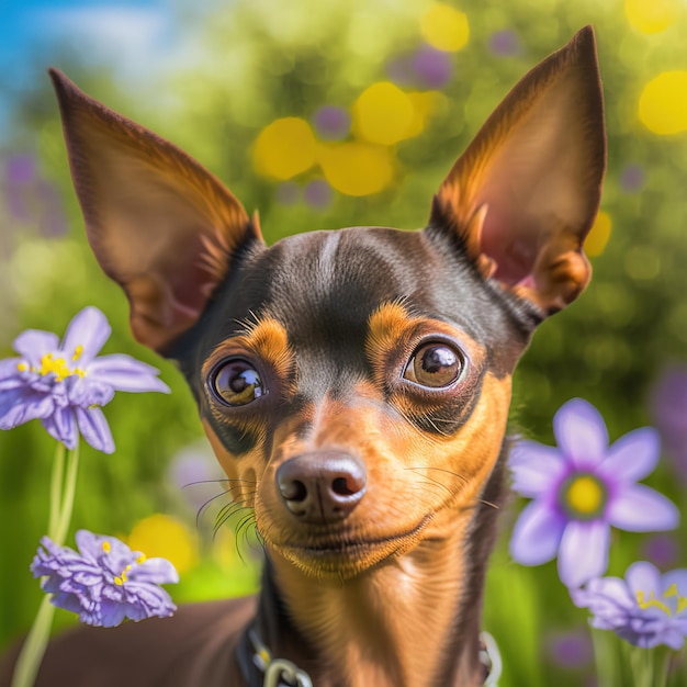 Realistischer Zwergpinscher auf hinreißendem natürlichem Hintergrund im Freien