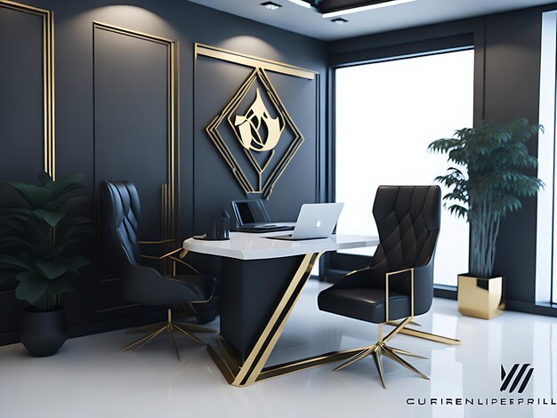 Foto realistisches 3d-firma-logo-mockup im büro-manager-raum mit luxuriösem interieur