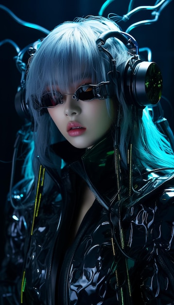 Realistisches 3D-Modell des schönen Cyborg in futuristischer Cyberpunk-Brille, Cyberpunk Woman Ai generiert