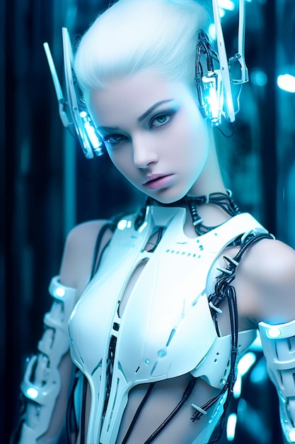 Realistisches 3D-Modell eines menschlichen Cyborgs in einer futuristischen Cyberwelt, Cyberpunk Woman Ai generiert