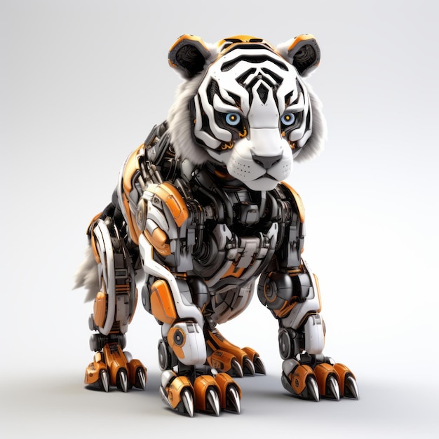 Realistisches 3D-Tiger-Roboter-Haustier in Orange und Weiß, ironische Darstellung