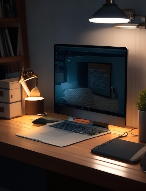 realistisches Bild eines Laptops auf einem Tisch im Bürozimmer