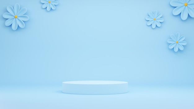 Realistisches blaues Produktpodium mit Blumen 3D-Rendering