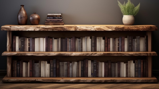 Realistisches Bücherregal aus Naturholz mit braunen Büchern