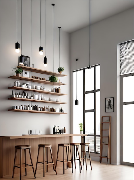 Realistisches Café-Interieur mit minimalem beigem Holz