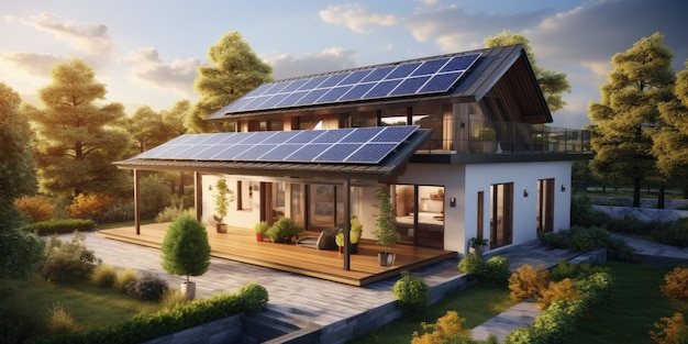 Realistisches Design eines modernen Hauses mit Sonnenkollektoren auf dem Dach. Grüne Energie, generative KI