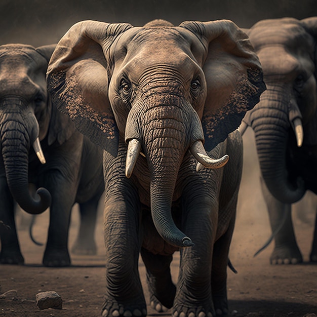 Realistisches digitales Kunst-Hintergrundbild wütender Elefanten. KI-generierte Kunst