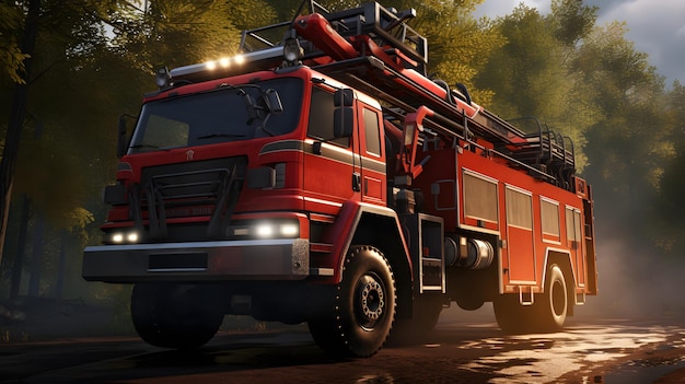 realistisches Feuerwehrauto, das ein Feuer löscht8k detailliert