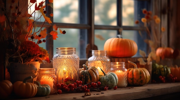 Realistisches Foto des Herbstsets und der Dekorationen bei warmem Licht