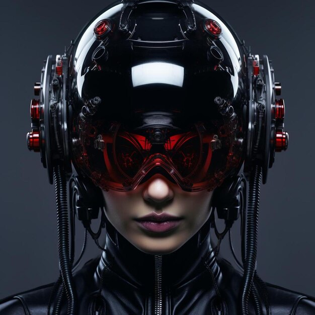 Foto realistisches foto einer athetischen cyberpunk-frau mit einem schwarzen helm aus glas mit roten augen