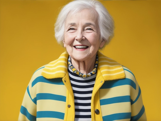Realistisches Foto einer lächelnden und fröhlichen älteren Frau in einer gelb gestreiften Jacke von Generative AI