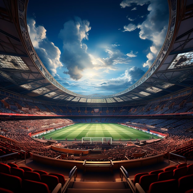 realistisches Foto eines beleuchteten modernen Fußballstadions