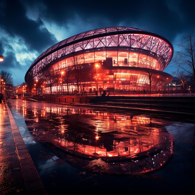 realistisches Foto eines beleuchteten modernen Fußballstadions