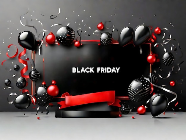 Realistisches Foto eines Black-Friday-Ausverkaufs-Bannerdesigns mit einer von KI generierten Geschenke-Item-Box