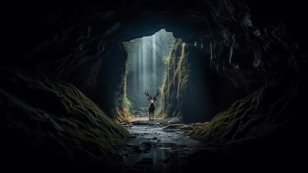 Realistisches Foto eines Hirsches in einer dunklen Höhle