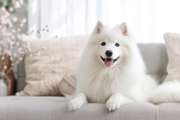 Realistisches Foto: Entzückender Samojedenhund sitzt auf dem Sofa im skandinavischen Boho-Wohnzimmerhintergrund