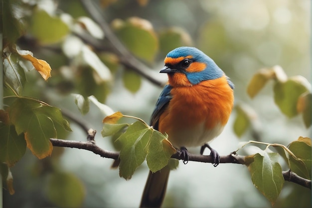 Realistisches Foto von farbenfrohen Vögeln am nationalen Tiertag und Blättern an weißer Wand