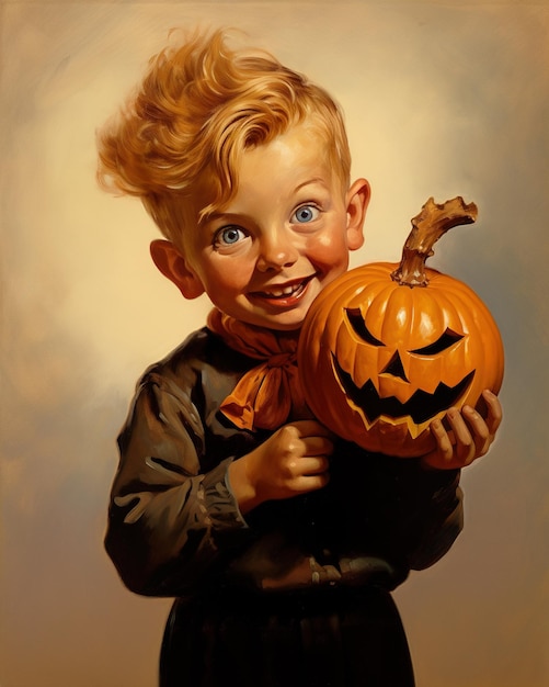 Realistisches Gemälde eines Jungen, der einen Halloween-Kürbis auf einem sauberen Hintergrund hält. Retro-Vintage